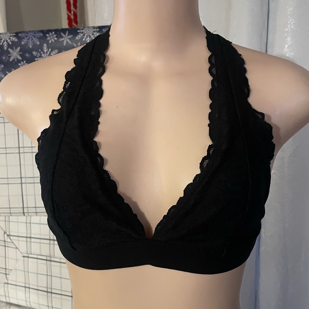 Victoria Secret Pink Elegant Black Lace Halter Bralette Bra Medium back detail